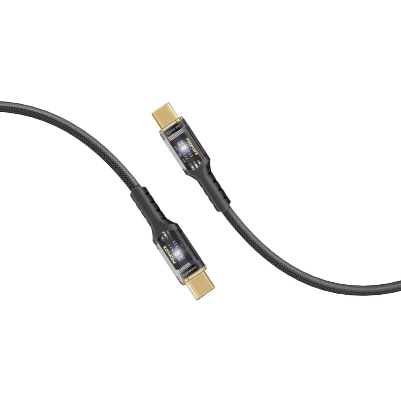 Promate LucidLine-CC120 USB-C™ to USB-C™ Cable Fast-Charging 100W with Transparent Tips LED 480Mbps Promate LucidLine-CC120 USB-C™ to USB-C™ Cable Fast-Charging 100W with Transparent Tips LED 480Mbps
